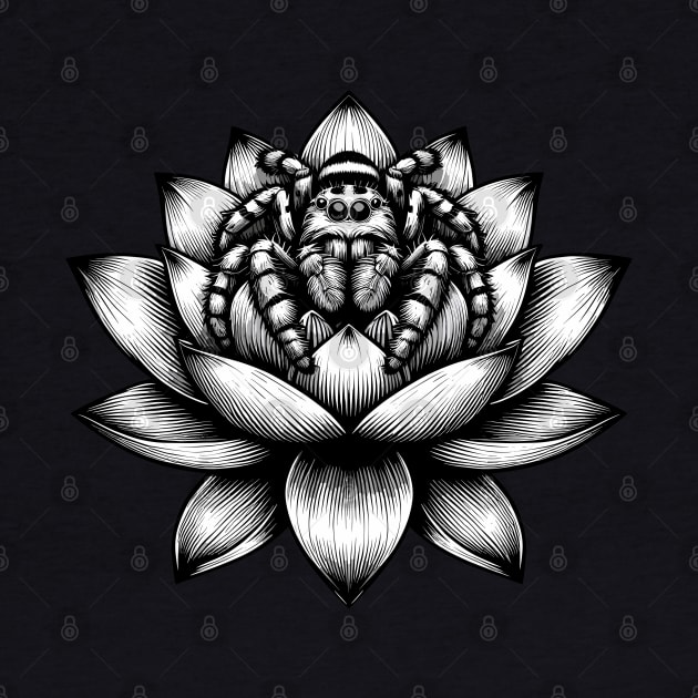 Jumping spider in lotus tattoo art by TomFrontierArt